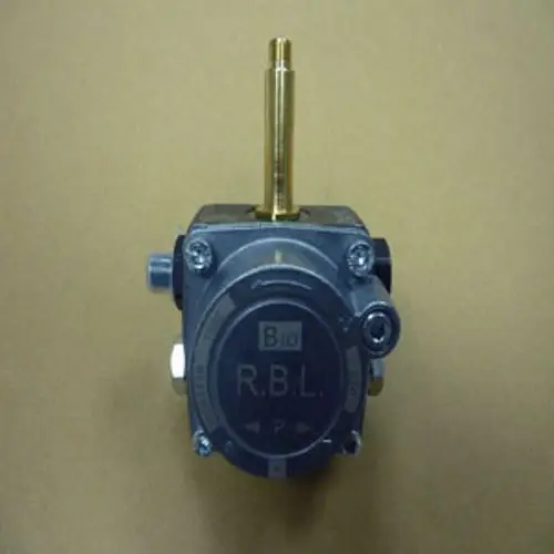 Pumpe von Remeha mit einem grauen Gehäuse, einer goldenen Verbindung und mehreren Anschlüssen zur Fluidleitung. Klarer Fokus auf die Pumpenbauteile.